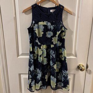 Loft Women's Sleeveless Navy Blue Floral Fit and Flare Dress ~ 0P ~ EUC